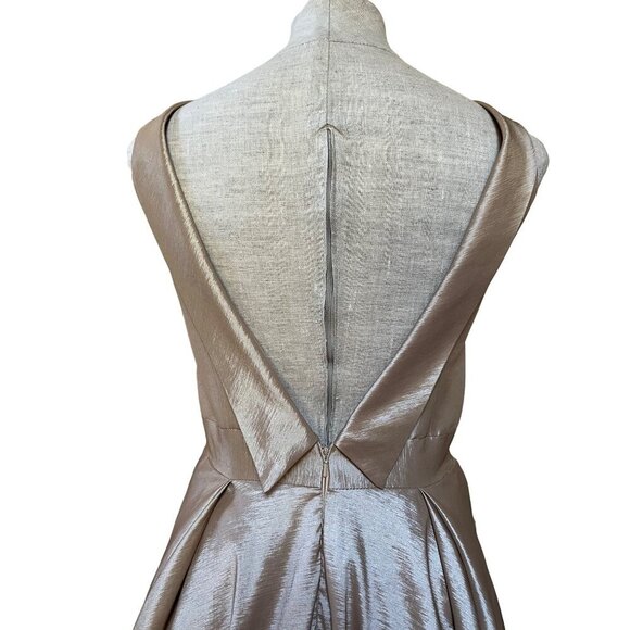 Mac Duggal Formal Dress Tea Length Champagne Taffeta Black Lace Trim Fit & Flare - Picture 6 of 16